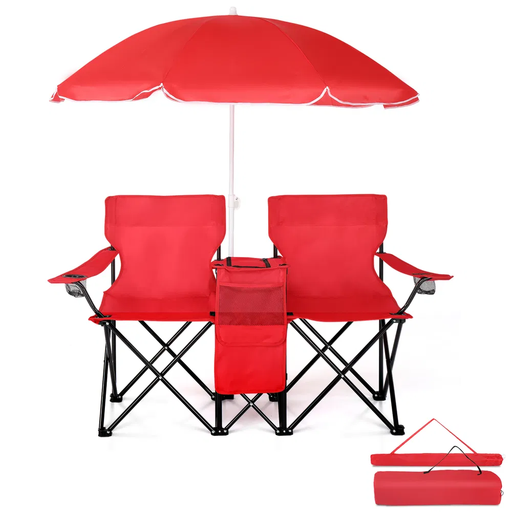 Portable Outdoor 2-Seat Folding Chair With Removable Sun Umbrella Red